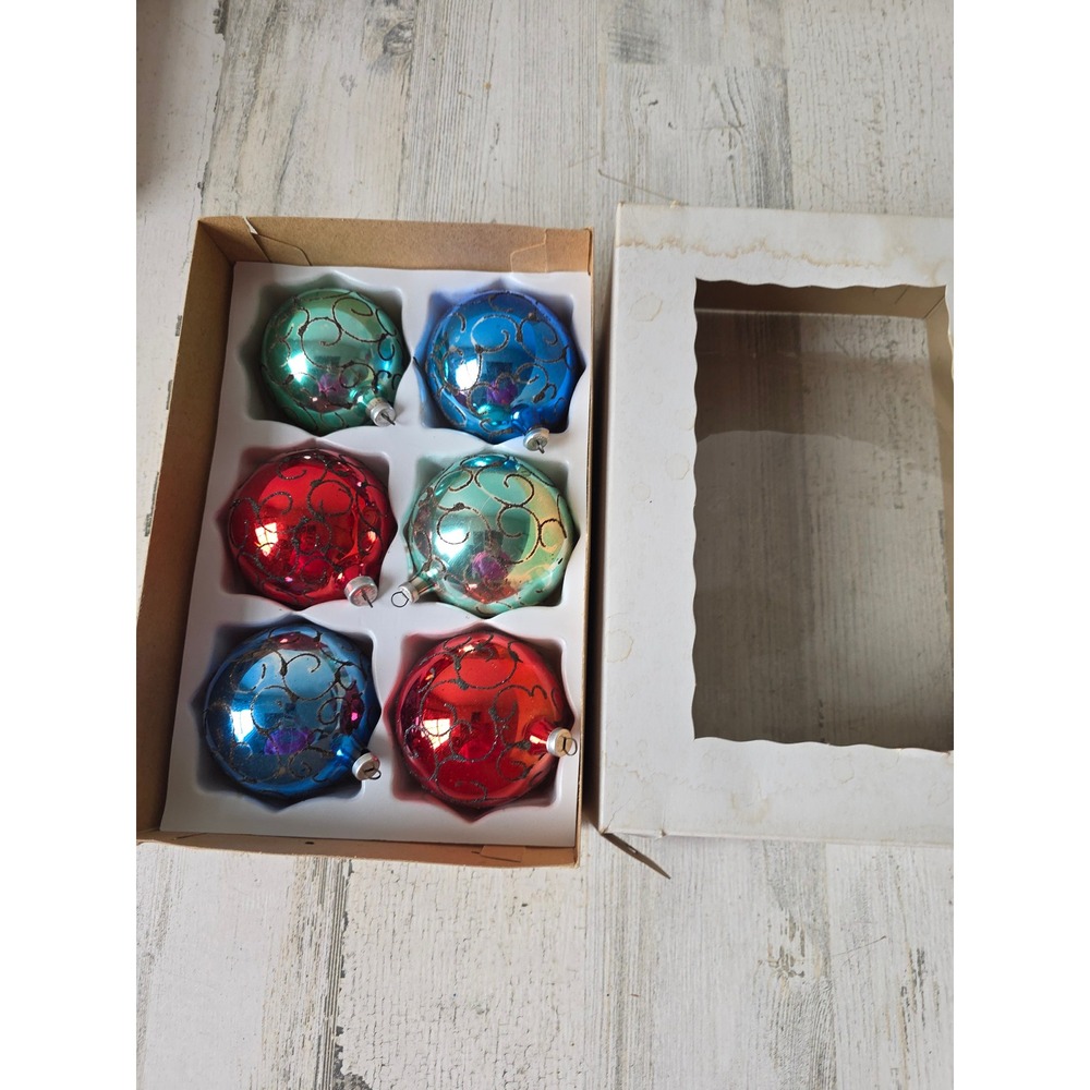 Vintage Austria Mica swirl glass ornament set box glitter red green blue Xmas